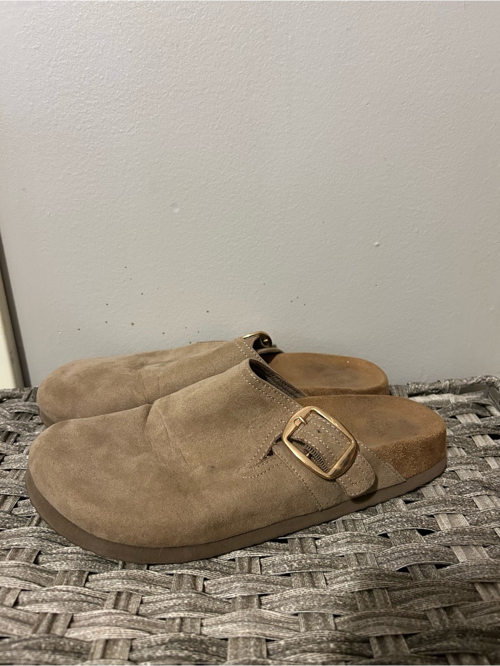 Time and Tru Women's Suede Mule Clogs in Taupe with Gold Buckle